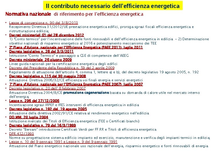 Il contributo necessario dell’efficienza energetica Normativa nazionale di riferimento per l’efficienza energetica Legge di Il contributo necessario dell’efficienza energetica Normativa nazionale di riferimento per l’efficienza energetica Legge di