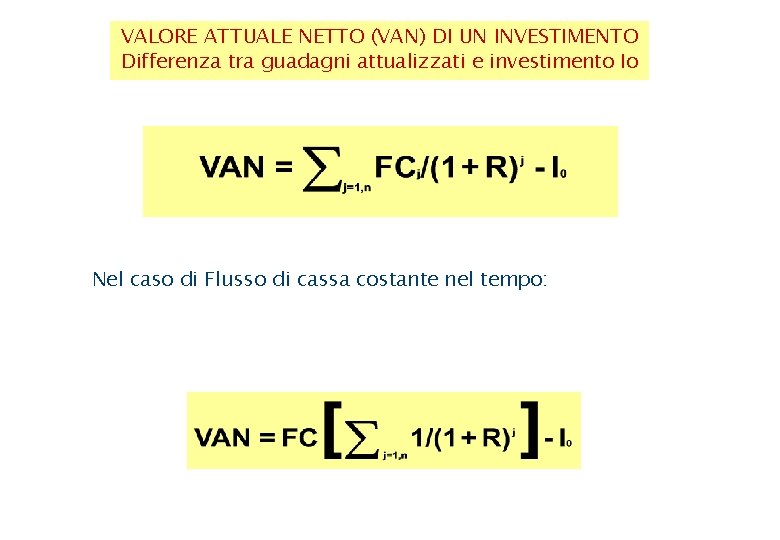 VALORE ATTUALE NETTO (VAN) DI UN INVESTIMENTO Differenza tra guadagni attualizzati e investimento Io VALORE ATTUALE NETTO (VAN) DI UN INVESTIMENTO Differenza tra guadagni attualizzati e investimento Io