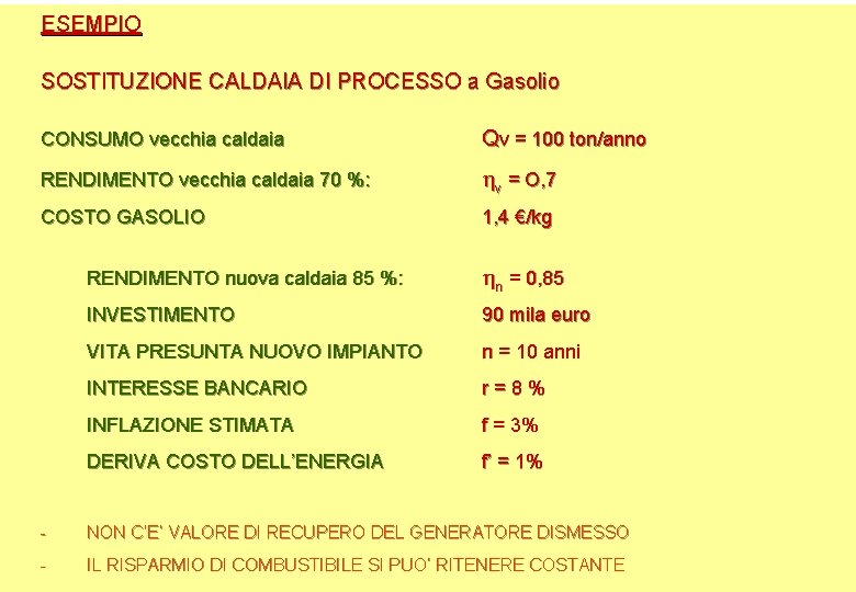 ESEMPIO SOSTITUZIONE CALDAIA DI PROCESSO a Gasolio CONSUMO vecchia caldaia Qv = 100 ton/anno ESEMPIO SOSTITUZIONE CALDAIA DI PROCESSO a Gasolio CONSUMO vecchia caldaia Qv = 100 ton/anno