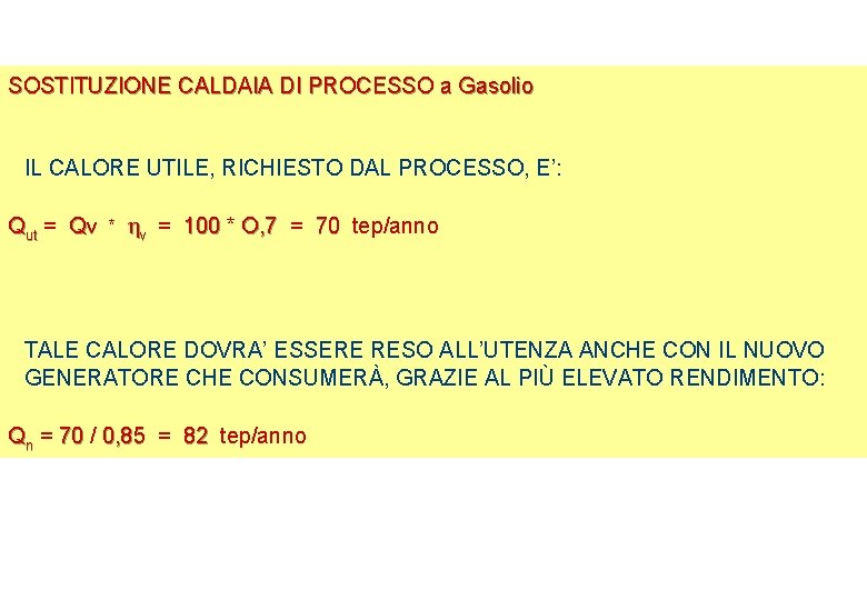 SOSTITUZIONE CALDAIA DI PROCESSO a Gasolio IL CALORE UTILE, RICHIESTO DAL PROCESSO, E’: Qut SOSTITUZIONE CALDAIA DI PROCESSO a Gasolio IL CALORE UTILE, RICHIESTO DAL PROCESSO, E’: Qut