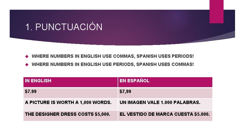 1. PUNCTUACIÓN WHERE NUMBERS IN ENGLISH USE COMMAS, SPANISH USES PERIODS! WHERE NUMBERS IN