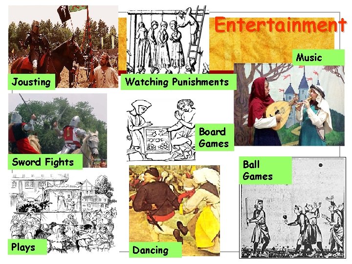 Entertainment Music Jousting Watching Punishments Board Games Sword Fights Plays Ball Games Dancing 