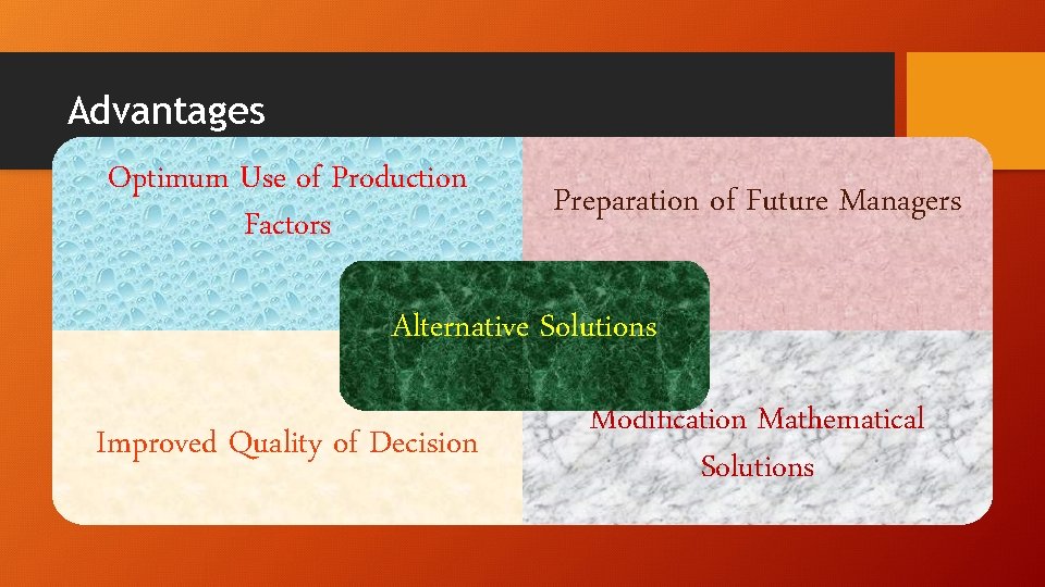 Advantages Optimum Use of Production Factors Preparation of Future Managers Alternative Solutions Improved Quality
