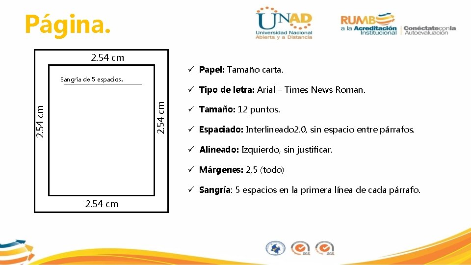 Página. 2. 54 cm ü Papel: Tamaño carta. Sangría de 5 espacios. 2. 54