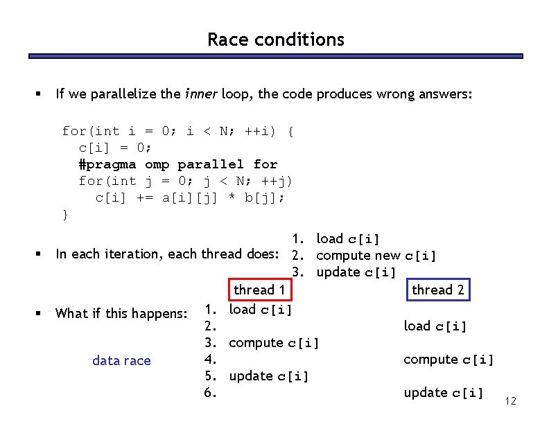 Race conditions § If we parallelize the inner loop, the code produces wrong answers: