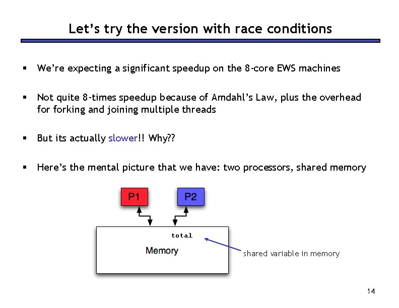 Let’s try the version with race conditions § We’re expecting a significant speedup on