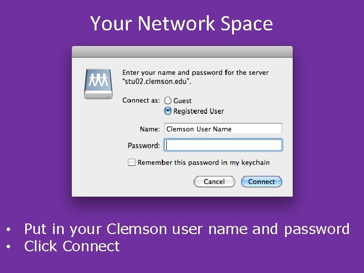 Your Network Space • Put in your Clemson user name and password • Click Your Network Space • Put in your Clemson user name and password • Click