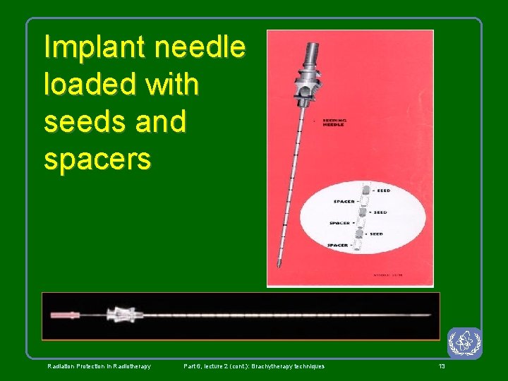 Implant needle loaded with seeds and spacers Radiation Protection in Radiotherapy Part 6, lecture