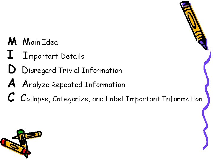 M Main Idea I D A C Important Details Disregard Trivial Information Analyze Repeated