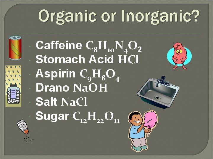 Organic or Inorganic? Caffeine C 8 H 10 N 4 O 2 Stomach Acid