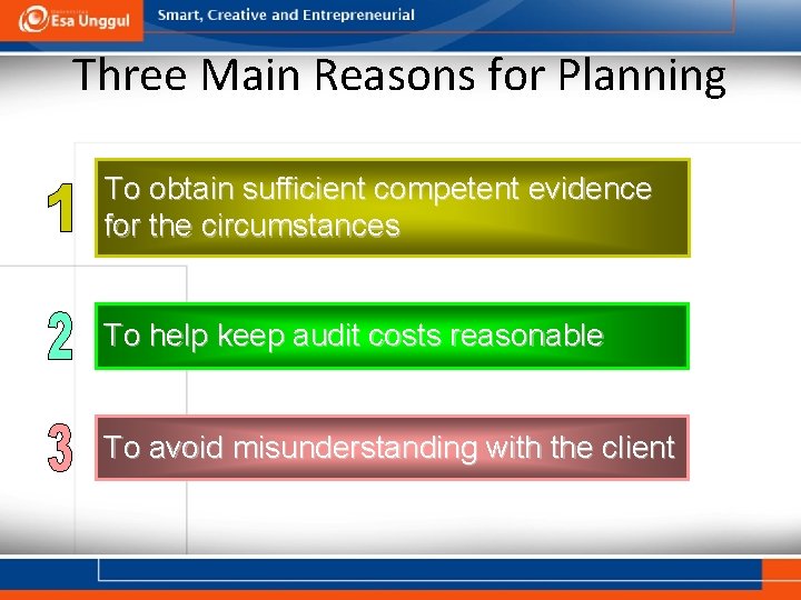 Three Main Reasons for Planning To obtain sufficient competent evidence for the circumstances To