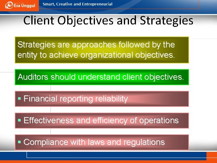 Client Objectives and Strategies are approaches followed by the entity to achieve organizational objectives.