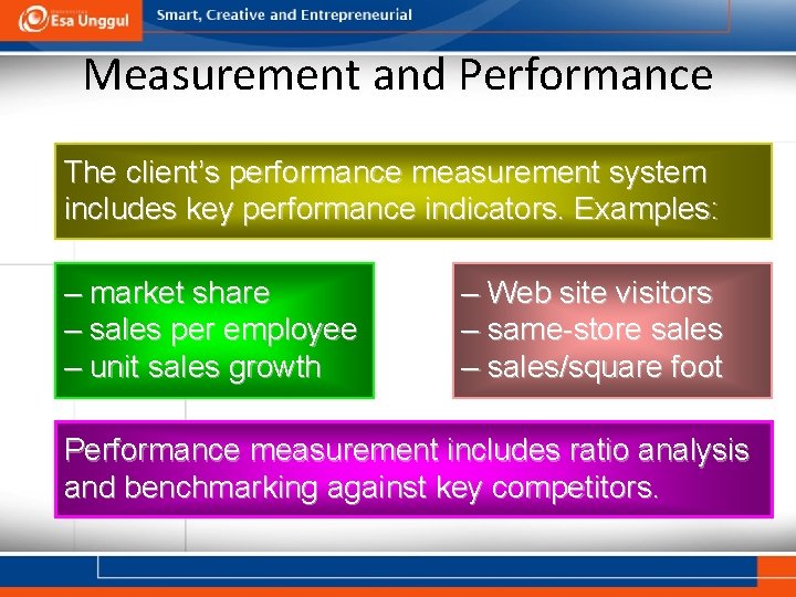Measurement and Performance The client’s performance measurement system includes key performance indicators. Examples: –
