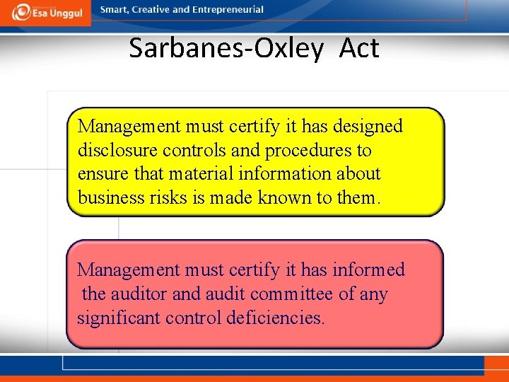 Sarbanes-Oxley Act Management must certify it has designed disclosure controls and procedures to ensure