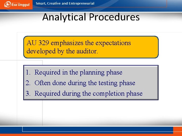 Analytical Procedures AU 329 emphasizes the expectations developed by the auditor. 1. Required in