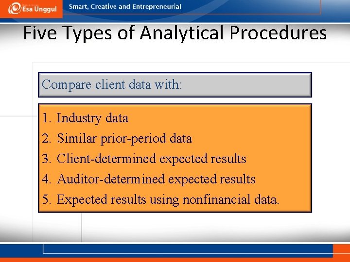 Five Types of Analytical Procedures Compare client data with: 1. Industry data 2. Similar