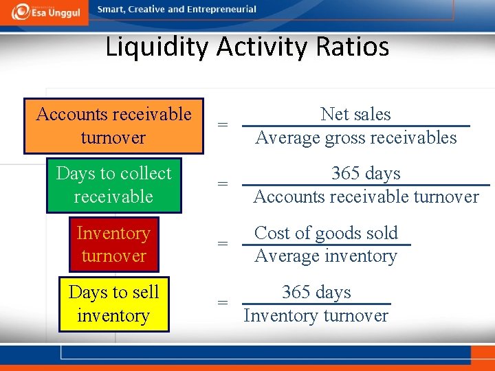 Liquidity Activity Ratios Accounts receivable turnover Days to collect receivable Inventory turnover Days to