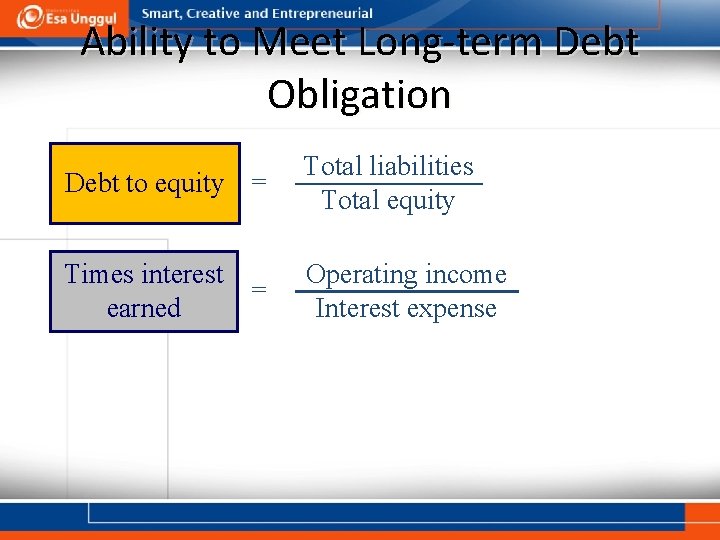 Ability to Meet Long-term Debt Obligation Debt to equity = Total liabilities Total equity