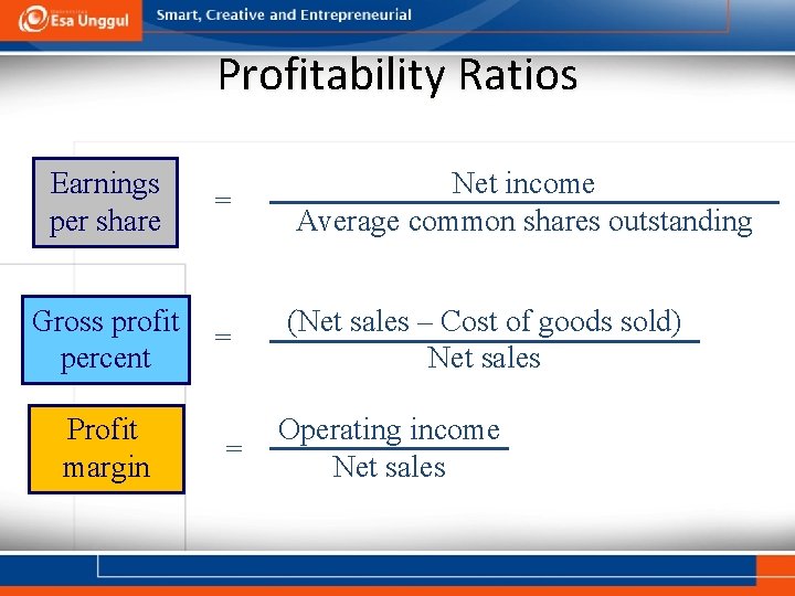 Profitability Ratios Earnings per share Gross profit percent Profit margin = Net income Average