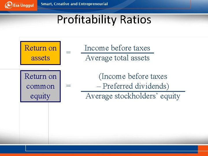 Profitability Ratios Return on assets Return on common equity = Income before taxes Average