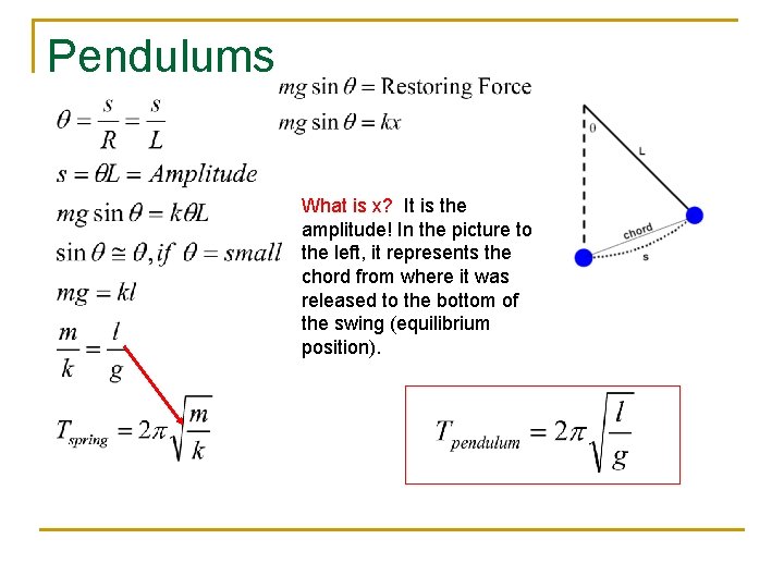 Pendulums What is x? It is the amplitude! In the picture to the left,