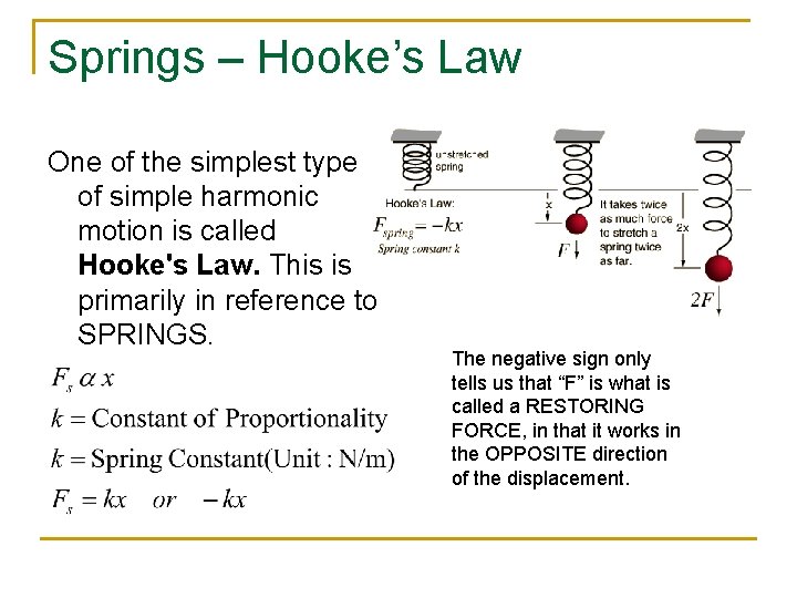 Springs – Hooke’s Law One of the simplest type of simple harmonic motion is