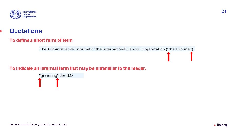 24 Quotations To define a short form of term To indicate an informal term