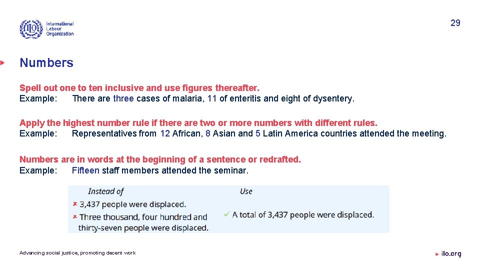 29 Numbers Spell out one to ten inclusive and use figures thereafter. Example: There