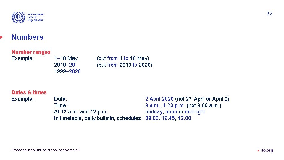 32 Numbers Number ranges Example: 1– 10 May 2010– 20 1999– 2020 Dates &