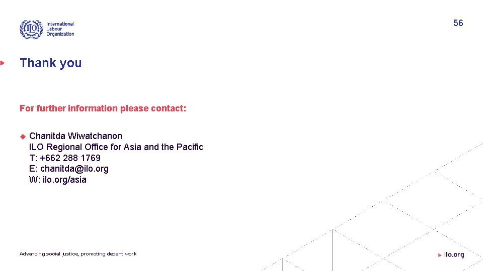 56 Thank you For further information please contact: Chanitda Wiwatchanon ILO Regional Office for