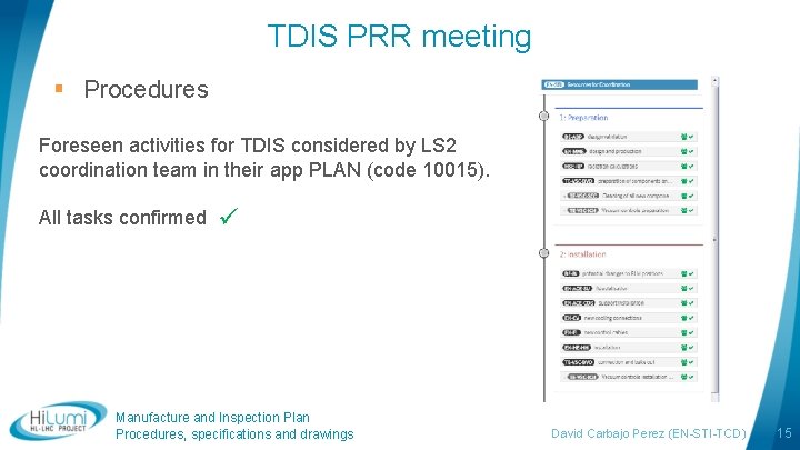 TDIS PRR meeting § Procedures Foreseen activities for TDIS considered by LS 2 coordination