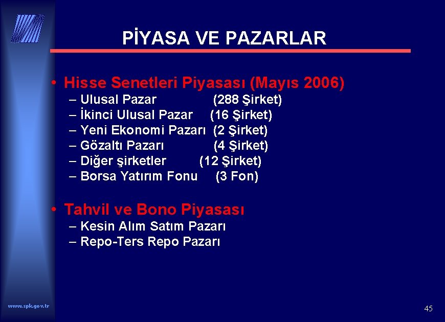 PİYASA VE PAZARLAR • Hisse Senetleri Piyasası (Mayıs 2006) – – – Ulusal Pazar