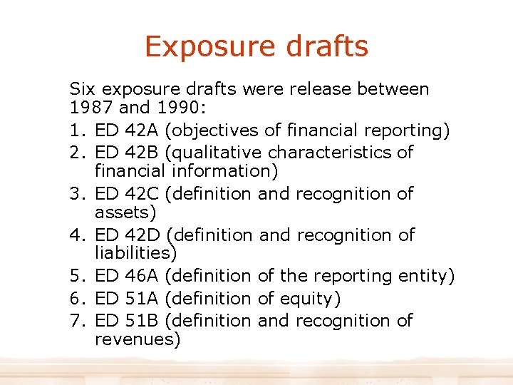 Exposure drafts Six exposure drafts were release between 1987 and 1990: 1. ED 42