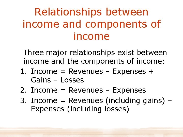 Relationships between income and components of income Three major relationships exist between income and