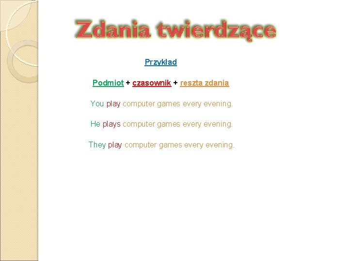 Przykład Podmiot + czasownik + reszta zdania You play computer games every evening. He