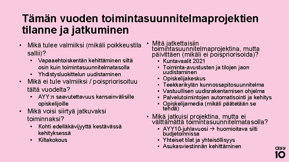 Tämän vuoden toimintasuunnitelmaprojektien tilanne ja jatkuminen • Mikä tulee valmiiksi (mikäli poikkeustila • Mitä