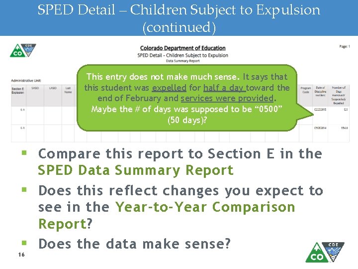 SPED Detail – Children Subject to Expulsion (continued) This entry does not make much