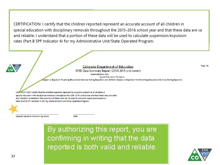 By authorizing this report, you are confirming in writing that the data reported is