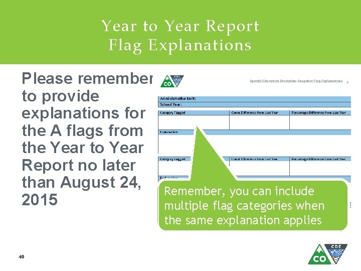Year to Year Report Flag Explanations Please remember to provide explanations for the A