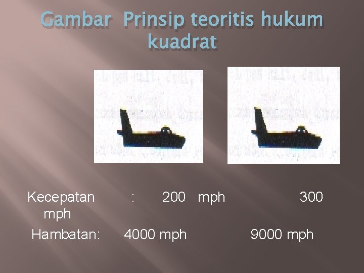 Gambar Prinsip teoritis hukum kuadrat Kecepatan : 200 mph 300 mph Hambatan: 4000 mph