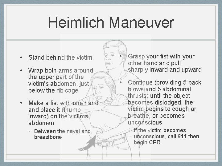Heimlich Maneuver • Stand behind the victim • Wrap both arms around the upper