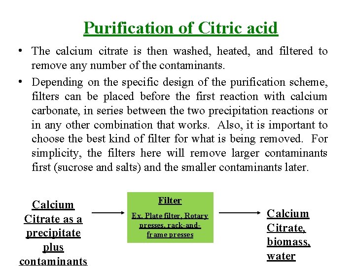 Purification of Citric acid • The calcium citrate is then washed, heated, and filtered