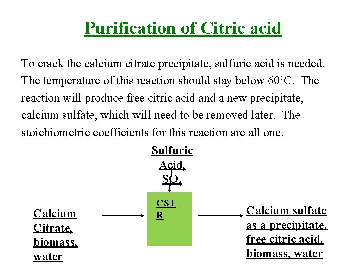 Purification of Citric acid To crack the calcium citrate precipitate, sulfuric acid is needed.