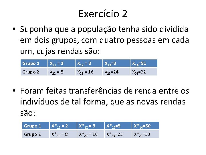 Exercício 2 • Suponha que a população tenha sido dividida em dois grupos, com