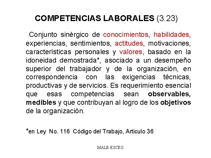 COMPETENCIAS LABORALES (3. 23) Conjunto sinérgico de conocimientos, habilidades, experiencias, sentimientos, actitudes, motivaciones, características