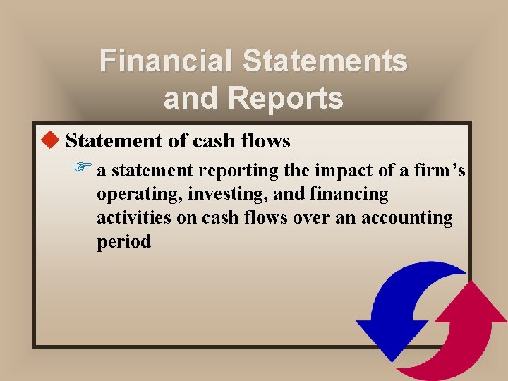 Financial Statements and Reports u Statement of cash flows F a statement reporting the