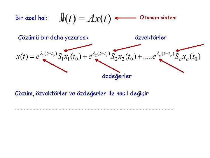 Bir özel hal: Otonom sistem Çözümü bir daha yazarsak özvektörler özdeğerler Çözüm, özvektörler ve