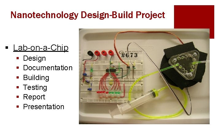 Nanotechnology Design-Build Project § Lab-on-a-Chip § § § Design Documentation Building Testing Report Presentation