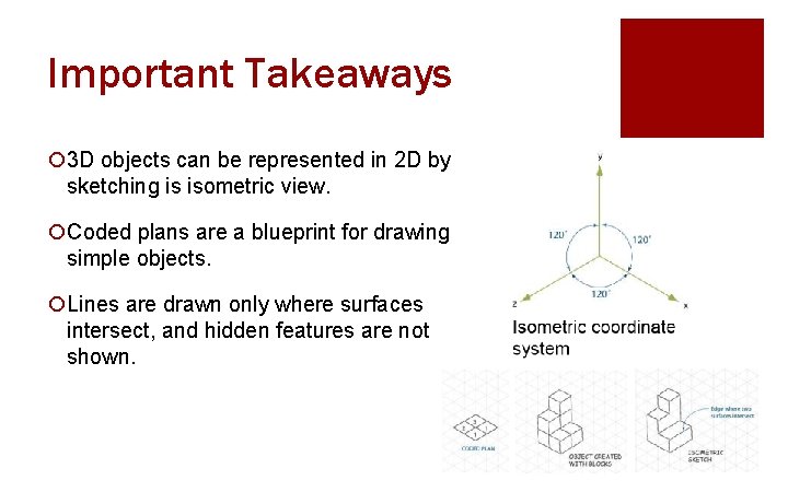 Important Takeaways ¡ 3 D objects can be represented in 2 D by sketching