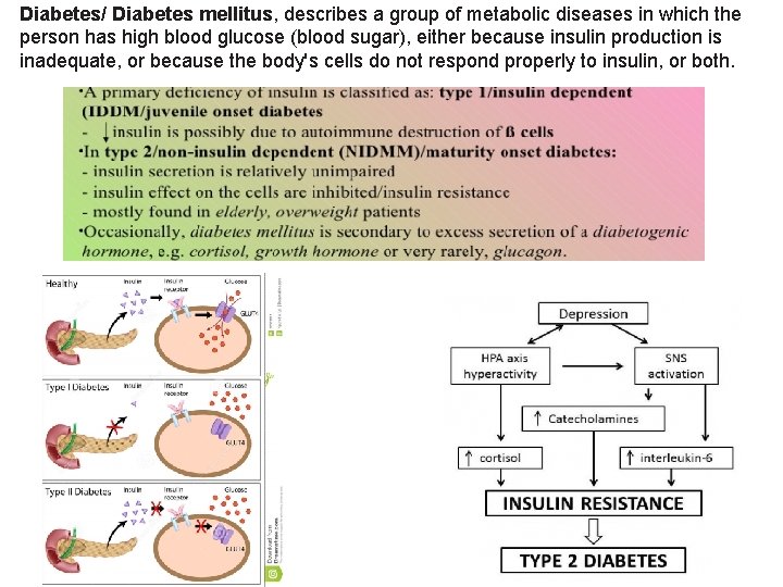 Diabetes/ Diabetes mellitus, describes a group of metabolic diseases in which the person has